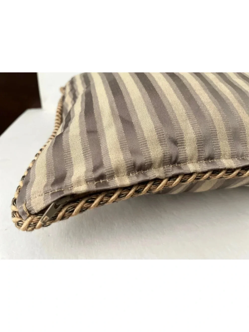 Blush Satin Stripe Double Sided Throw Pillow Rope Cording 16 x 16 Beige Brown